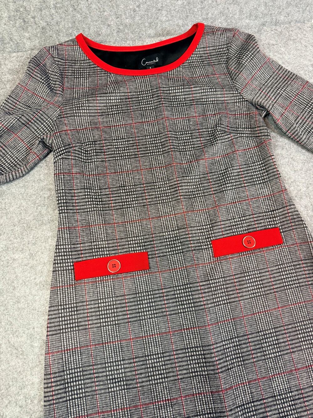 Connected Apparel Plaid Sheath Dress Womens 6 Gray Red Career Office Stretch
